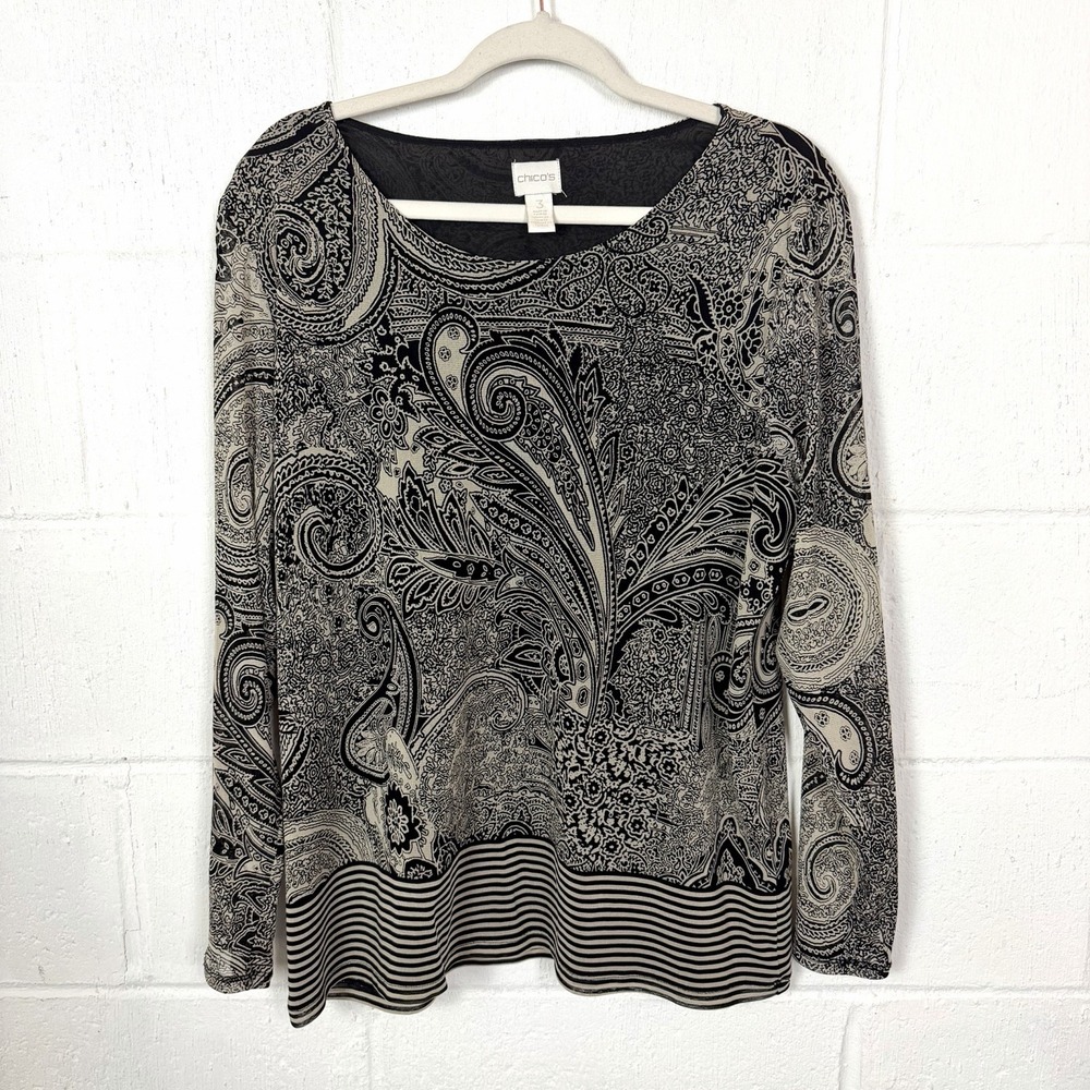Chicos Tunic Paisley Stripe Black Sheer Mesh Lined Artsy Office Dark Fairy 16‎